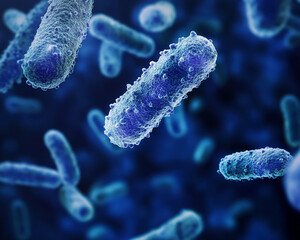 Poster - Close-up view of bacteria under a microscope, showcasing the detailed structure of bacterial cells, illustrating microbiology, science, and biological research.