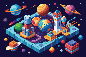 Poster - Experience a vibrant isometric view of outer space featuring planets, rockets, and a detailed Earth, Outer space Customizable Isometric Illustration