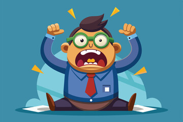 Poster - A cartoon character in a blue shirt and tie shows intense frustration, surrounded by a cheerful background, Overwhelmed Customizable Cartoon Illustration