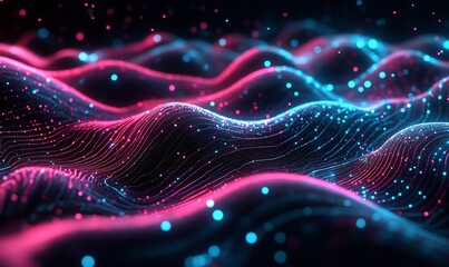 Poster - Pink blue digital wave particles flow dark background abstract tech