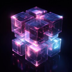 Poster - Glowing neon pink and blue glass cubes.
