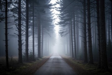 Poster - A moody shot of a foggy forest trail at dawn, the path lined with tall pine trees disappearing into the mist.