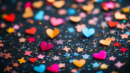 Poster - Colorful Hearts and Stars Festive Glitter Background Romantic Valentine Design Lovely Pink Red Orange Blue Decoration Celebration Party Shiny Texture 