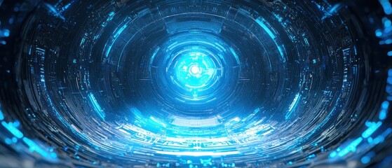 Poster - Abstract Futuristic Digital Tunnel: A Glowing Blue Sci-Fi Corridor