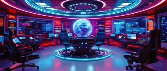Poster - Futuristic Global Control Room: Neon Lights and Digital Displays