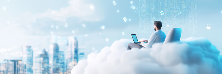 A software developer sits comfortably on a soft white cloud, focused on his laptop while a futuristic cityscape sprawls below