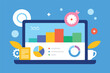 © Mr - Laptop screen with colorful data analytics, bar graphs, pie charts, financial dashboard, vibrant icons, abstract geometric shapes, blue background, business intelligence visualization,