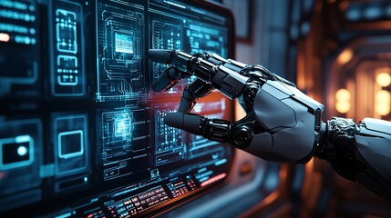 Poster - robotic hand controls futuristic interface in space station