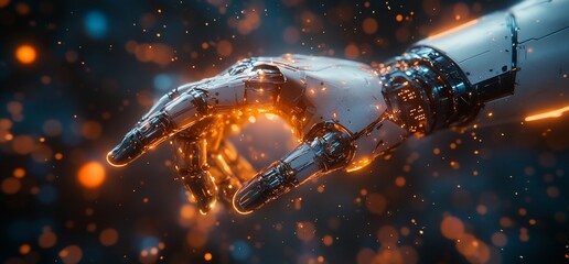 Poster - robotic hand grasping, sparks, dark background, ai concept