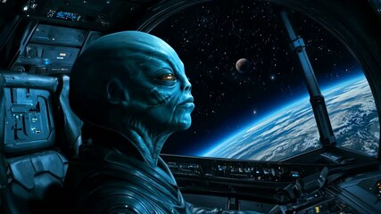 Wall Mural - an alien pilot is in their spacecraft, intently overlooking the beautiful planet earth from above in