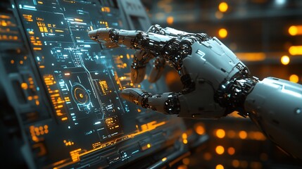 Poster - robotic hand operating futuristic control panel in a high-tech facility
