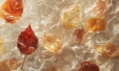 Poster - Autumn leaves frozen in ice capturing the beauty of seasonal transition