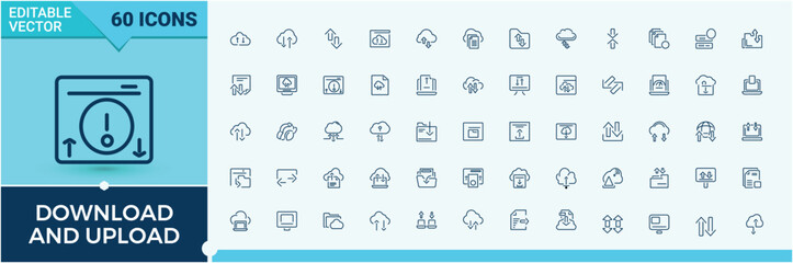 Poster - Set of Download And Upload line icons. Icons service, element, interface, download, web, internet, mobile and more. Thin linear style icons. Vector icons editable stroke.
