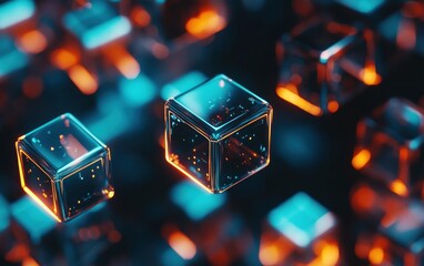 Poster - Glowing translucent cubes float in a dark space, illuminated with teal and orange light.