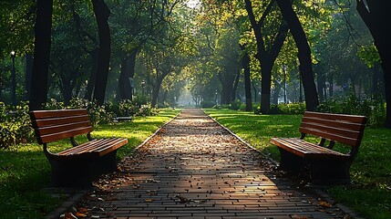 Poster - Autumn Leaves on Pathway with Cozy Benches and Beautiful Trees Bathed in Soft Sunlight : Generative AI