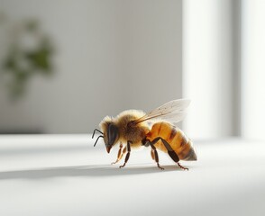 Poster - Close-Up Photograph of a Honeybee Collecting Pollen on a Light Background with Soft Focusing and Natural Light Effect Enhancing the Insect's Details