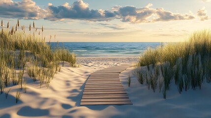 Poster - Serene beach pathway leading through sandy dunes to a tranquil ocean sunset : Generative AI