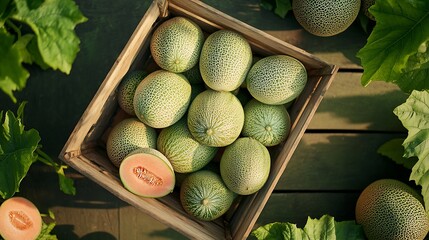 Poster - Beautifully arranged melons in a wooden box with slices side by side showcasing freshness : Generative AI