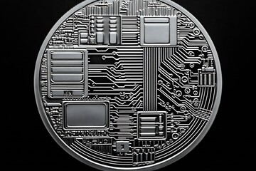 Poster - Intricate circuit board design featured on metallic coin surface showcasing modern electronics and technological advancement : Generative AI