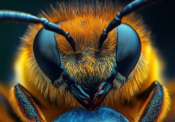 Poster - Close-Up Portrait of a Vibrant Honeybee Capturing Details of Its Features and Textures in Nature’s Colorful Palette