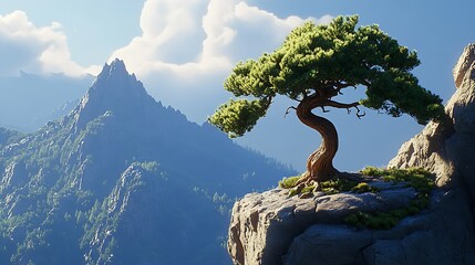 Poster - Elegant tree perched on rocky cliff with stunning mountains in the background during sunny weather : Generative AI