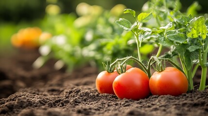 Poster - Vibrant red tomatoes growing on green vine in rich soil under warm sunlight : Generative AI