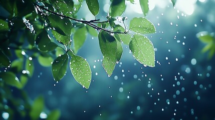 Poster - Vibrant Green Leaves Drenched in Raindrops Creating a Refreshing Natural Scene : Generative AI