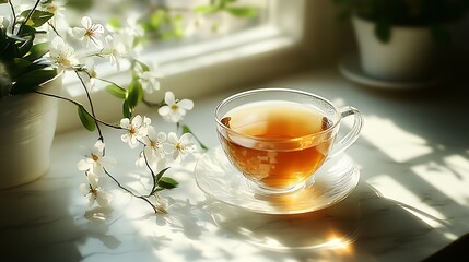 Poster - A charming cup of tea surrounded by flowers and bathed in soft sunlight creating a serene atmosphere : Generative AI