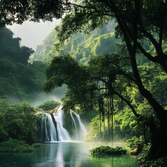 Poster - Emerald Falls: A Lush Cascade in a Verdant Rainforest, Peaceful Scene with Reflections in the Water.