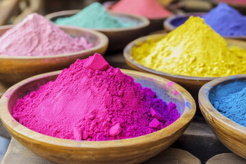Poster - Vibrant bowls filled with colorful powdered pigments. Generative AI