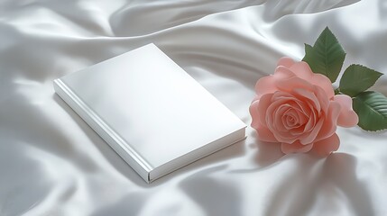 Poster - Artistic presentation of a soft rose and blank book on flowing satin fabric showcasing elegance and beauty : Generative AI