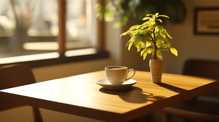 Poster - Elegant coffee cup in morning sunlight next to a lush plant on a wooden table in a modern cafe setting : Generative AI
