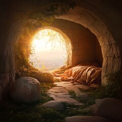 Poster - Sunlit Grotto: A Stone Archway Opening to a Vista, Draped Fabric & Moss-Covered Rocks Creating a Serene Ambience.