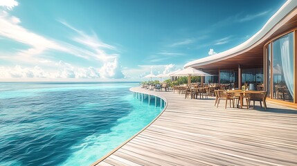 Poster - Elegant Resort Dining Area with Stunning Ocean View and Modern Architecture : Generative AI