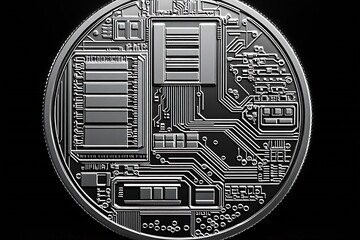 Poster - Close up view of intricate circuit board design on metallic coin surface emphasizing modern electronic technology : Generative AI