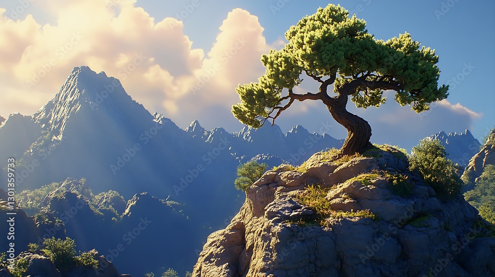 Majestic tree on rocky outcrop with mountains and clouds creating a ...