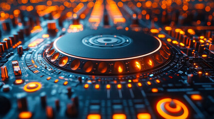 Poster - A close-up of a DJ mixer with glowing buttons and colorful neon city lights in the background
