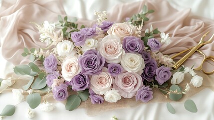 Poster - Elegant bouquet of lavender and pink roses with subtle greens on a soft fabric backdrop : Generative AI