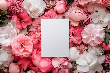 Poster - Charming display of pink and white flowers surrounding a blank card in an elegant setting : Generative AI