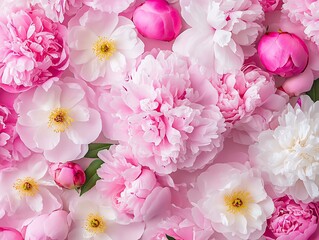 Poster - Charming assortment of pink and white peonies perfectly grouped together creating a serene floral display : Generative AI