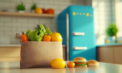 Aufkleber - Vibrant basket of fresh vegetables and fruits showcasing healthy eating near a colorful retro kitchen : Generative AI