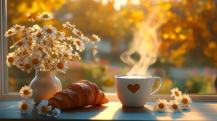 Poster - Serene breakfast moment with coffee, croissant, and flowers basking in golden morning light : Generative AI