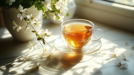 Poster - An elegant cup of tea positioned amidst blooming flowers with sunlight casting beautiful shadows on a table : Generative AI