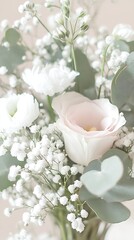Poster - Serene floral ensemble with soft pink roses and delicate white blooms mixed with lush greenery accents : Generative AI