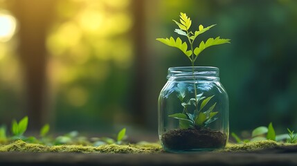Poster - Fresh green plant growing in a glass jar symbolizing sustainable gardening and nature's beauty : Generative AI