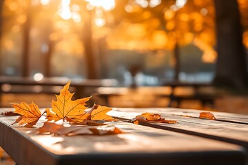 Poster - Vivid autumn leaves on wooden surface catching sunlight during a peaceful evening : Generative AI