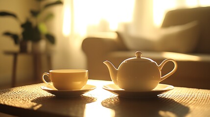 Poster - Charming tea scene featuring a teapot and cup bathed in soothing light on a cozy table : Generative AI