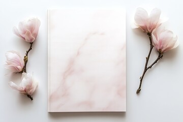Poster - Stylish pink marbled notebook arranged with delicate flowers on a smooth surface : Generative AI
