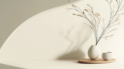 Poster - Chic arrangement of a vase with dried leaves and a bowl on a warm wooden tray : Generative AI