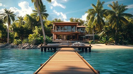 Poster - Stunning Beach House with Modern Architecture Surrounded by Lush Palm Trees and Clear Blue Water : Generative AI